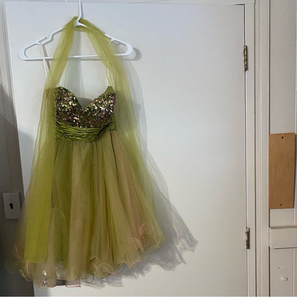 Chico's Beautiful Green Strapless Sequence Chiffon Short Prom Dress Size Small